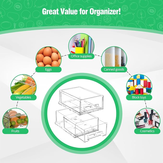 damynuo 2 Pack Refrigerator Drawers - Fridge Organizer Bins Stackable Storage Drawers, Clear Refrigerator Organizing Containers Pull Out Drawer for Fruit, Vegetable Storage and Keep Fresh - Image 6