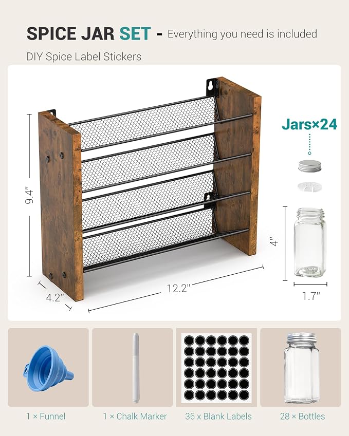 Spice Rack Organizer with 24 Glass Jars, for Cabinet Wall Mount Countertop | 4-Tier Seasoning Organizer with Labels, Chalk Marker & Funnel for Pantry, Kitchen Storage, Wood,12.2 in W x 9.4 in H - Image 2