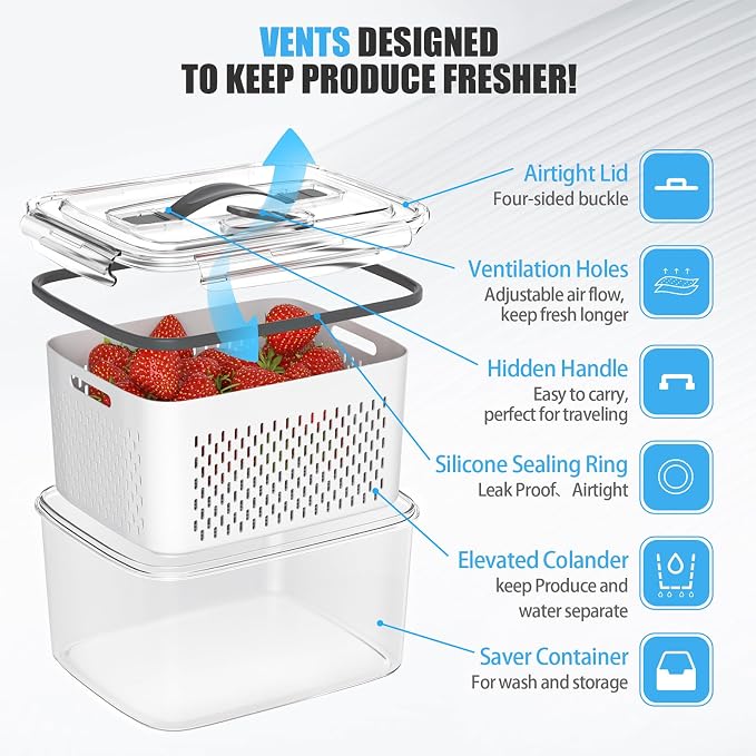 damynuo 5 Pack Fruit Storage Containers for Fridge - Clear Berry Containers with Colander, Airtight Fridge Organizer Bins with Vent Handle Lids for Refrigerator Organizers and Storage Keep Fresh - Image 3