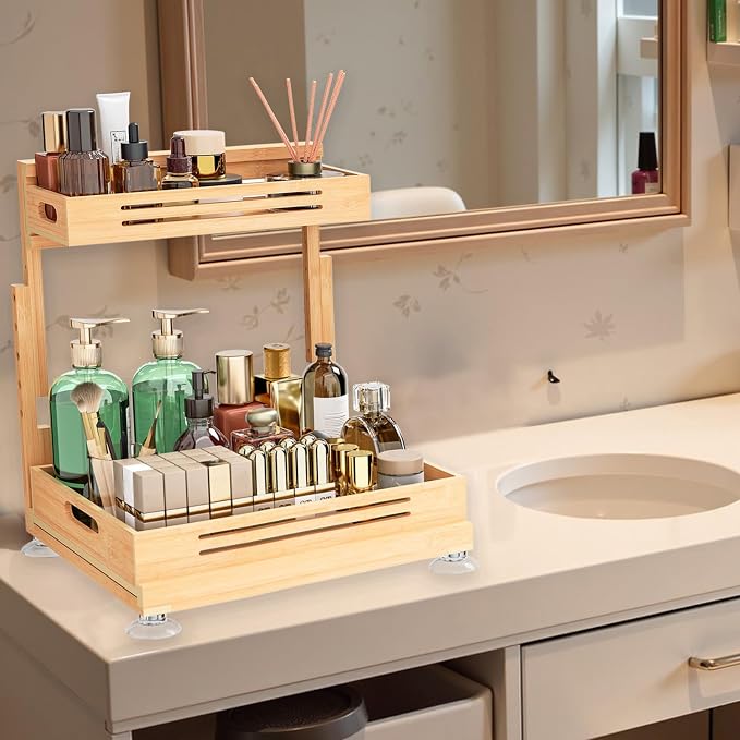 Banlilu Under Sink Organizer, Pull Out Cabinet Organizer, 2 Tier Slide Out Sink Shelf Cabinet Storage Shelves, Storage for Kitchen Bathroom, Natural Premium Bamboo Wood - Image 9