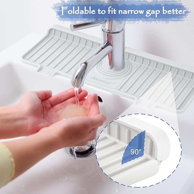 Amerner Kitchen Sink Splash Guard, Silicone Faucet Guard & Draining Mat, Bathroom and Kitchen Sink Organizer, Sink Faucet Mat Water Splash Guard Behind Faucet Accessories Gadgets, 14.2” x 5.1”, White - Image 5