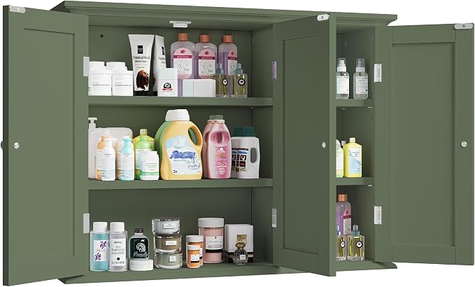 ChooChoo Laundry Cabinet with 3 Doors and Adjustable Shelves | 9.06"D x 31.1"W x 24"H, Bathroom Wall Cabinet, Cupboard, Green - Image 8
