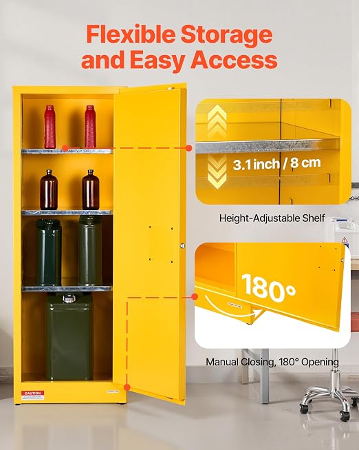 VEVOR Flammable Cabinet 18" x 23" x 65", 23 Gallon Flammable Storage Cabinet with Adjustable Shelf, Cold-Rolled and Galvanized Steel Fire Cabinets, for Commercial Industrial Home Use, Yellow - Image 7