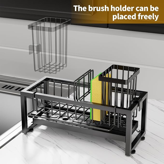 Sponge Holder for Kitchen Sink, 304 Stainless Steel Sink Caddy with Tall Brush Holder & Self-Draining Tray, 3-Compartment Countertop Organizer for Dish Soap Dispenser, Sponge, Scrubber, Black - Image 7