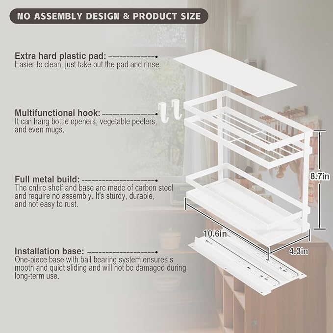Magheo Pull Out Spice Rack Organizer for Cabinet, 1 Pack Metal Seasoning Organizer Slide Out Spice Storage Shelf No Assembly Vertical Spice Rack Pullout for Kitchen & Bahthroom No Drill(2 Tier,White) - Image 6