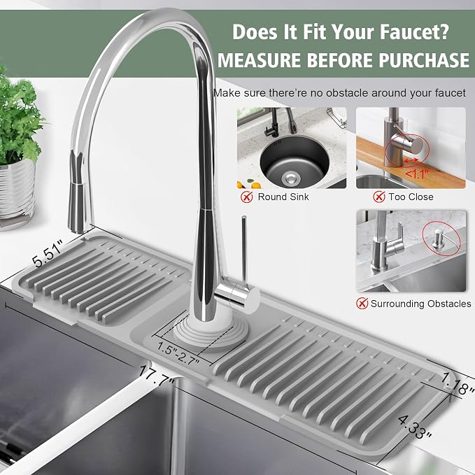 17.7-Inch Kitchen Sink Splash Guard Mat | 7° Slope for Fast Self-Draining | Snap-Lock Design | Universal & Cuttable Silicone Faucet Mat Gray - Image 3