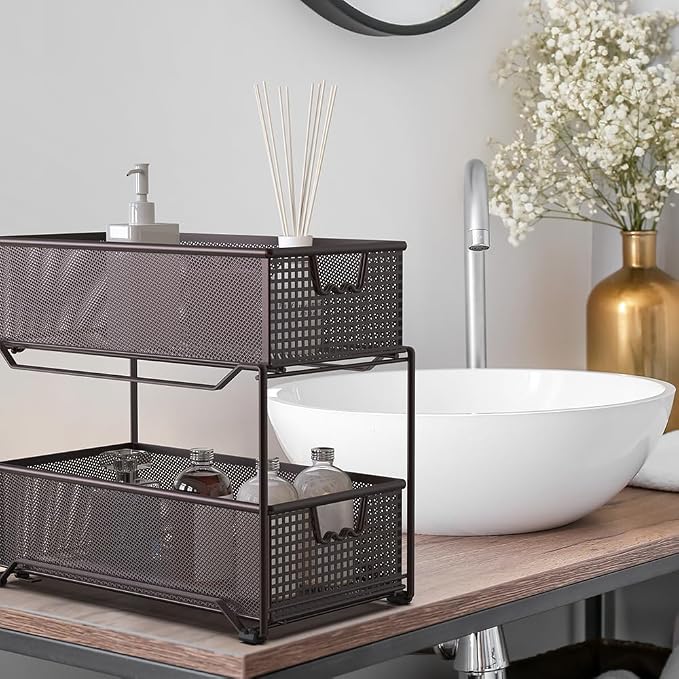 Deco Brothers 2 Tier Bathroom Storage Organizer with Pull-Out Drawer Bronze - Image 5