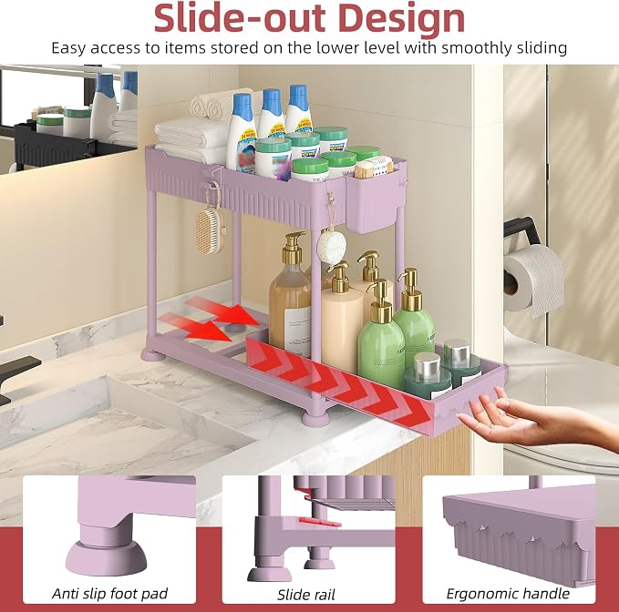 4-Pack 2-Tier Under Sink Organizer with Pull Out Drawers | Multi-use kitchen & bathroom storage. Includes hanging hooks and cups. Pink, space-saving cabinet design. 12.8 Inch - Image 2
