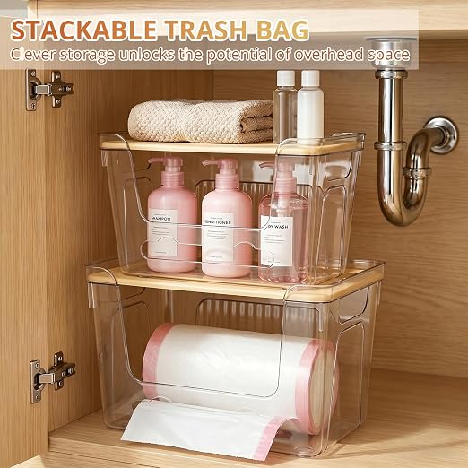 CANTAMI Plastic Trash Bag Dispenser with Lids, Stackable, 2Pack, 1XL+1S | Trash Bag Holder, Clear Organizer Bins for Kitchen, Laundry Room, Under Sink Organization and Storage - Image 3