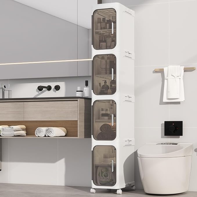 4 Tier Slim Bathroom Storage Cabinet, Foldable and Movable, White | Tools Free, ABS and PET, Magnetic Clear Door, Adjustable Shelves, Lockable Wheels, Water Resistant, For Narrow Space by Neathub