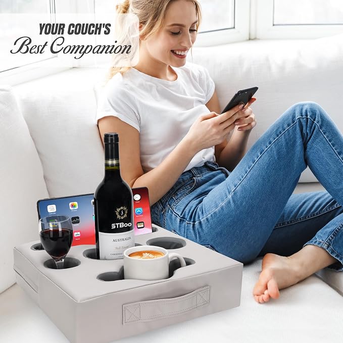 Couch Cup Holder Pillow Tray - Sofa Drink Cup Holder Cozy Buddy | Bed Caddy Organizer for Remote, Snacks Beverage, Phones, Tablet | Use it on Car, Pack, Beach, RV, Boat, Bedroom (Silvergrey) - Image 3