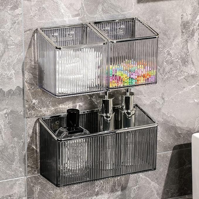Drill-Free Stick-On Wall Shelves | Space-Saving Floating Organizer for Kitchen, Bathroom & Office | Plastic Storage Shelves for Makeup & Home Decor (Transparent_Silver) - Image 5