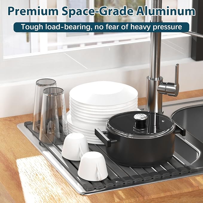 KABUM 17.72x11.81 Heavy-Duty Aluminum Alloy Roll Up Dish Drying Rack | Food-Safe Coating with Anti-Skid Silicone, Extra Wide Thickened Sink Drying Rack for Kitchen Counter, Space-Saving Organizer - Image 3