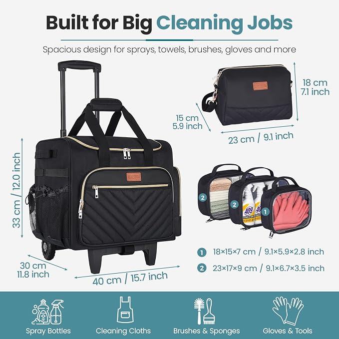 INSMEER Cleaning Caddy with Wheels,3 Removable Clear Bag and 1 Shoulder Bag | Large Cleaning Cart on Wheels,Water Resistant Cleaner Supplies Organizer with Wheels for Kitchen, Tool Organizer - Image 2