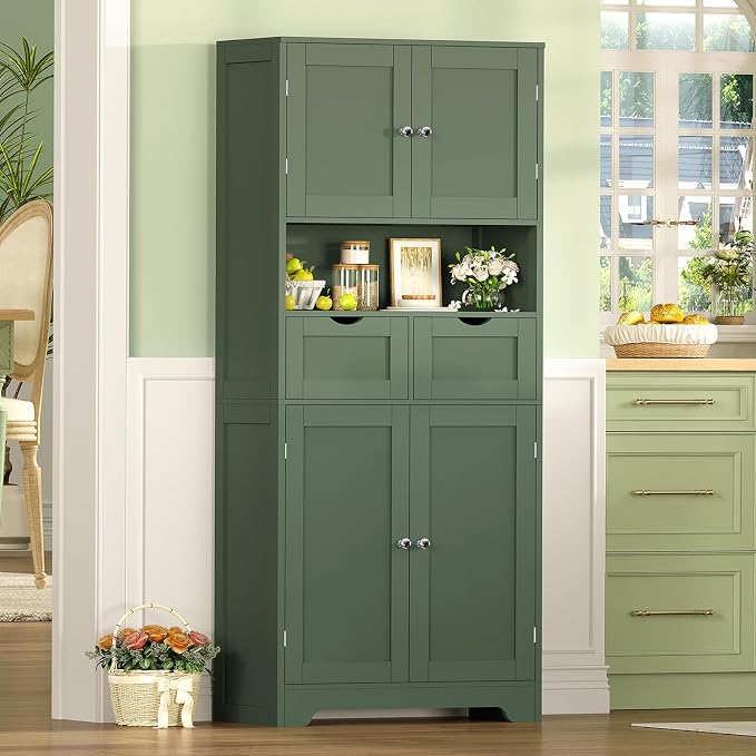 Iwell 58" H Tall Bathroom Storage Cabinet with 2 Drawers & 2 Adjustable Shelves, Bathroom Cabinet with 4 Doors, Tall Cabinet for Living Room, Dining Room, Entryway, Forest Green - Image 6