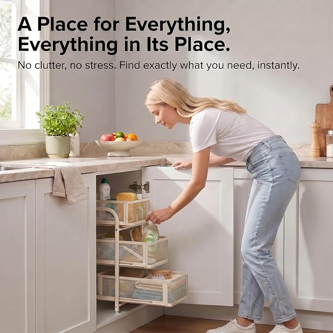 3 Tier Under Sink Organizer, Pull Out Cabinet Storage Organizer with Sliding Mesh Drawers, Heavy Duty Metal Under Sink Storage for Kitchen, Bathroom, Cabinet, Small Space, White, 1 Pack - Image 2