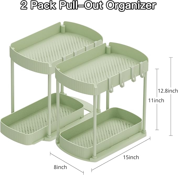 2 Packs Under Sink Pull-Out Storage Organizers, 12.8 Inches, Green | Multi-Purpose Cabinet Organizers and Storage for Bathroom & Kitchen - Image 2