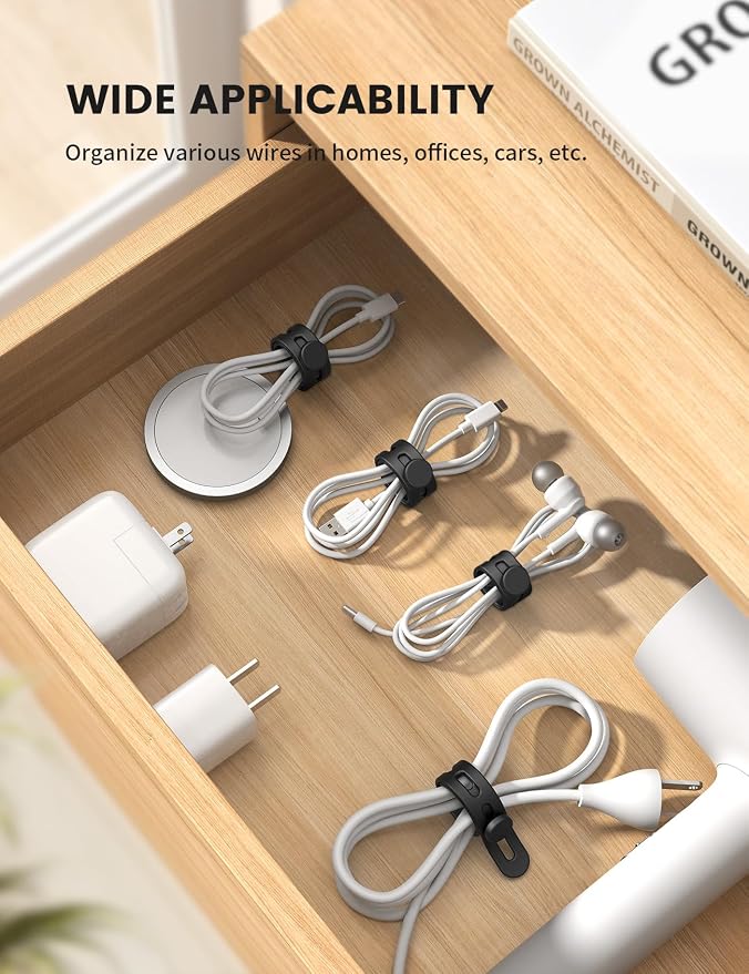 Lamicall 10 Pack Silicone Cable Ties Cord Organizer - Wire Management Wraps | Reusable, Stretchy, Skin-Friendly Rubber Charger Straps Ties, Electrical Cord Keeper for Travel, Home Office Desk Accessories - Image 4