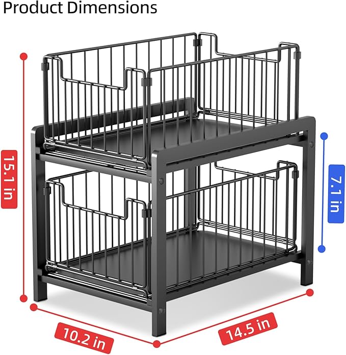 2-Tier Pull Out Cabinet Organizer, Slide Out Under Sink Organizer | Metal Cabinet Baskets with Mesh Sliding Drawer for Home, Office, Bathroom, Kitchen, Pantry Storage Shelf, Large Black - Image 2