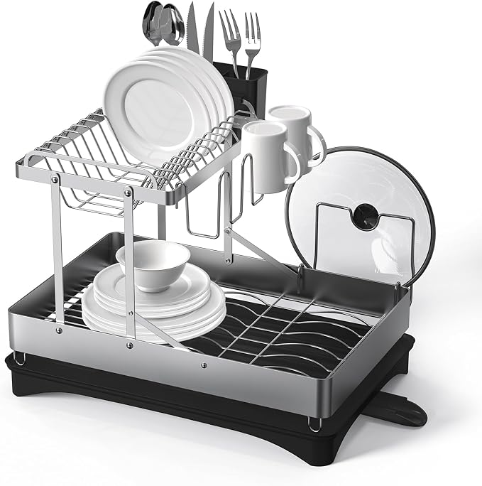 Dish Drying Rack, 2 Tier Foldable Stainless Steel Dish Racks for Kitchen Counter, Multifunctional Large Dish Drainer with Rotatable Spout, Utensil Holder and Mug Holder, Silver Black by DCCDU