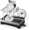 Dish Drying Rack, 2 Tier Foldable Stainless Steel Dish Racks for Kitchen Counter, Multifunctional Large Dish Drainer with Rotatable Spout, Utensil Holder and Mug Holder, Silver Black by DCCDU