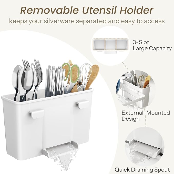SNTD Dish Drying Rack for Small Kitchen Counter, 11" W x 15" L, White | Space Saving, Rotating Spout & Angled Drainboard for Quick Drainage, Stainless Steel, Removable Utensil Holder - Image 7