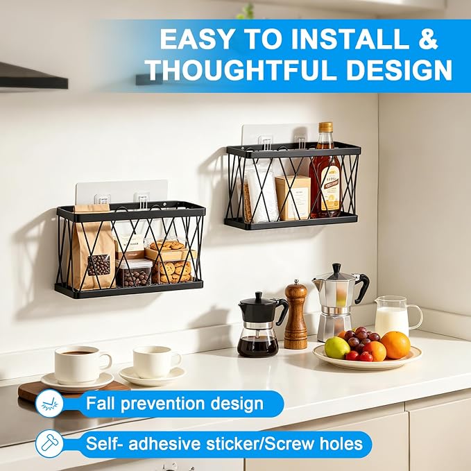 8 Pack Cabinet Door Organizer,No Drill Adhesive Metal Pot Lid Holder with 4 Storage Baskets &4 Tumbler Lid Holders,Rustproof Inside Cabinet Food Container Lid Storage Rack for Kitchen Pantry Bathroom - Image 2