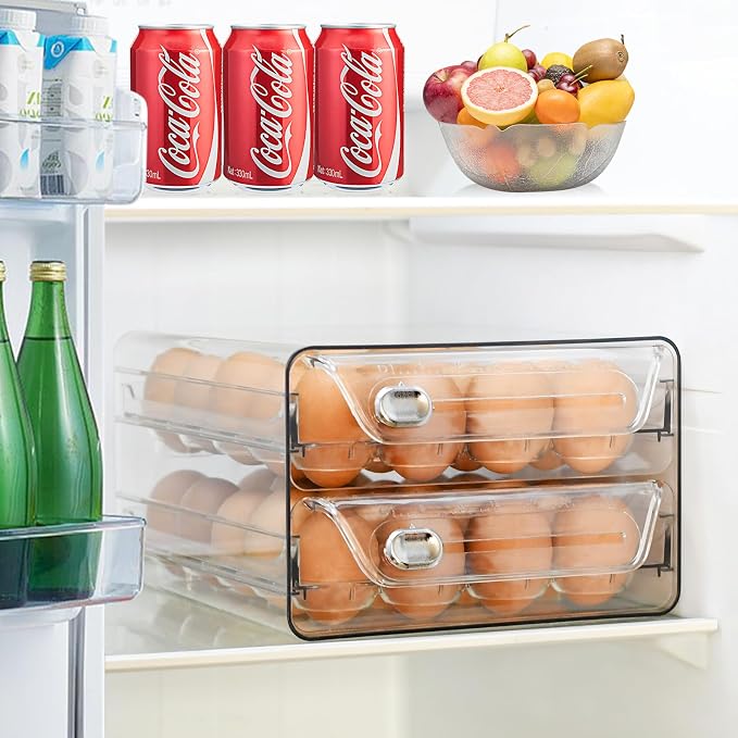 2 Tier Egg Holder for Refrigerator, 40 Eggs Clear Drawer Organizer | Clear Stackable Holder Tray with Drawer for Fridge, Storage Container with Handles for Refrigerator, Countertop, Kitchen - Image 9