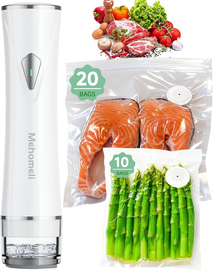 Compact Handheld Vacuum Sealer for Food with 30 Reusable Bags | Powerful 60 kPa suction, Keeps food fresh up to 6X longer, Cordless handheld design, Ideal for meal prep and food storage by Mehomeli