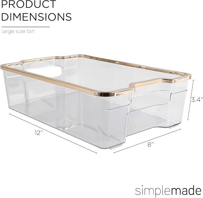 SIMPLEMADE Clear Refrigerator Organizer Bins - Clear Bins for Fridge, Containers for Fridge and Freezer, Multipurpose Storage for Kitchen, Office, Bathroom, Gold Rim (8" x 12") - Image 4