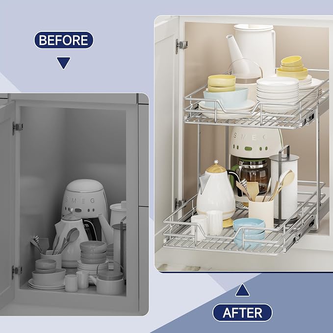 2-Tier Pull Out Cabinet Organizer, 13.5" W x 18" D, Heavy Duty Dual Slide Out Shelves for Base Cabinets, Chrome Wire Basket Drawer for Pantry, Kitchen & Bathroom Storage - Image 8