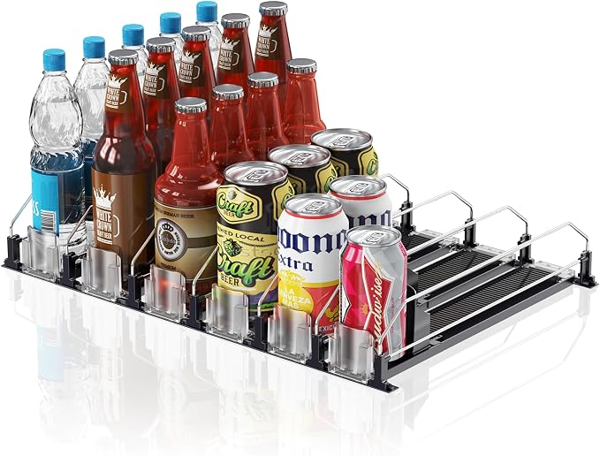 Drink Organizer for Fridge,12oz 16oz 20oz - Soda Can Dispenser for Refrigerator,Width Adjustable,Automatic Pusher Glide (Black, 15" D 6ROW, Holds 30 Cans) by LOVEFORBETTERLIFE
