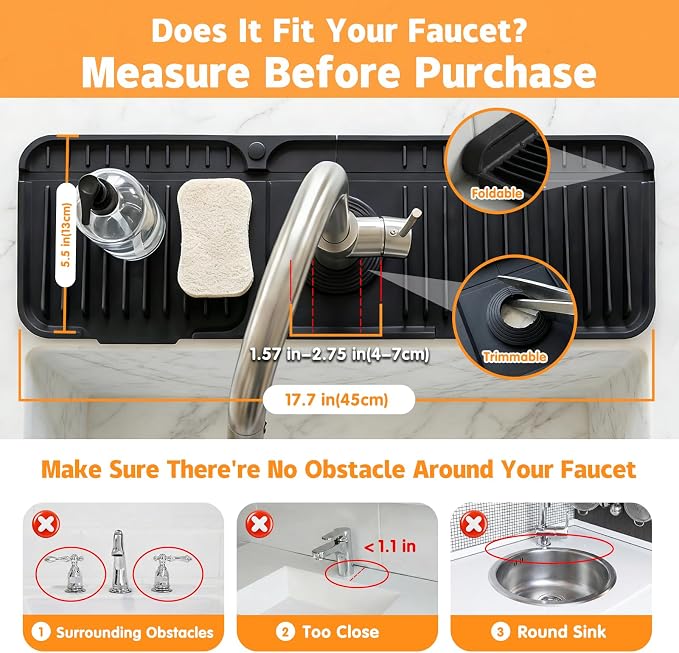 Silicone Faucet Mat for Kitchen Sink, 17" Splash Guard 7° Slope Fast Drain | Adjustable hole cutout for easy install, fits kitchen & bathroom sinks; food-grade silicone, easy to clean, keeps counter dry - Image 2