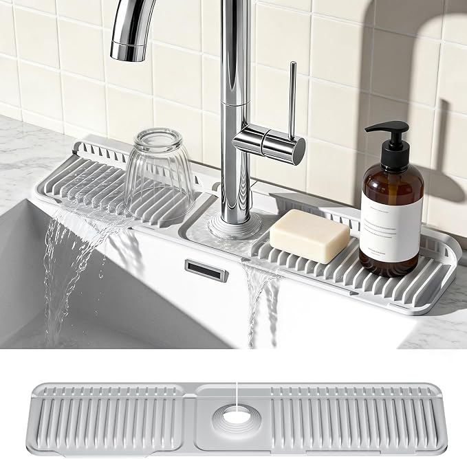 24 Inch Faucet Mat for Kitchen Sink, Silicone Splash Guard for Kitchen Sink Area, 7° Slope Fast Self-Draining Sink Mat, Cuttable Hole Design, Sink Backsplash Guard Draining Mat, Grey by Prolixity