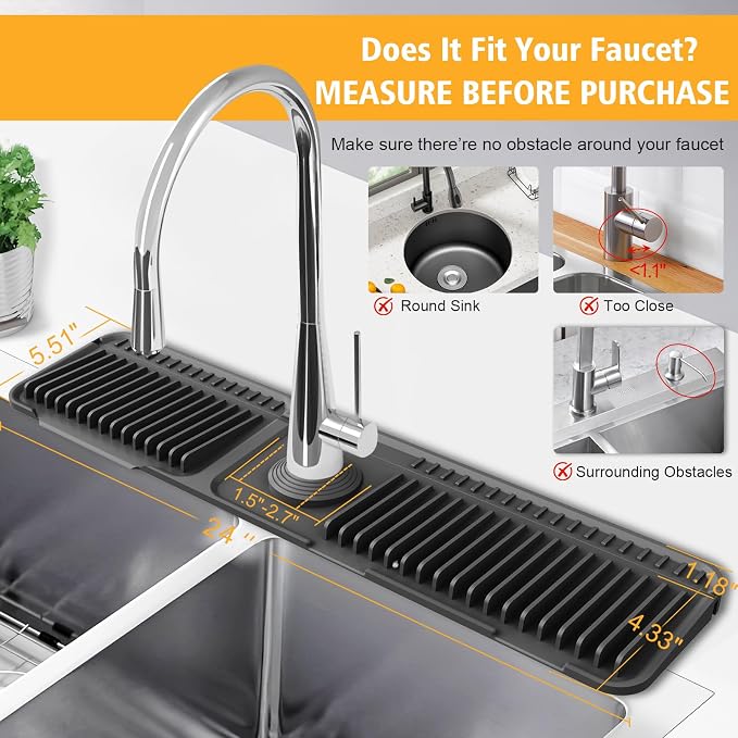 24-Inch Kitchen Sink Splash Guard Mat | 7° Slope for Fast Self-Draining | Snap-Lock Design | Universal & Cuttable Silicone Faucet Mat (Black) - Image 3