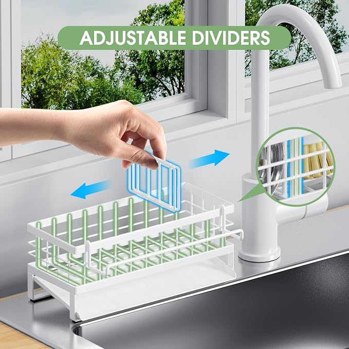 Kitchen Sink Caddy, Rustproof Self-Draining Sponge Holder, White | Metal Kitchen Caddy Sink Organizer, Detachable Dish Cloth Holder, Non-Slip Base, Kitchen Countertop Storage Accessories - Image 5