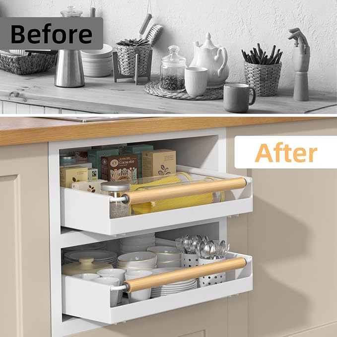 2 Pack No-Drill Pull Out Cabinet Organizer 15.3'' Deep Expandable Slide Out Drawers for Kitchen Pantry & Under Sink Storage, Adhesive Nano Film Mount, White - Image 7