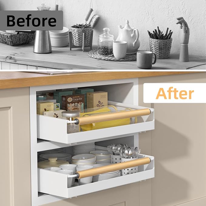 Pull Out Cabinet Organizer, 15.3'' Deep Expandable Slide Out Cabinet Organizer Fixed with Adhesive Nano Film, Slide Out Drawers Pull Out Tray for Cabinet in Kitchen, Pantry, Bathroom, White - Image 5