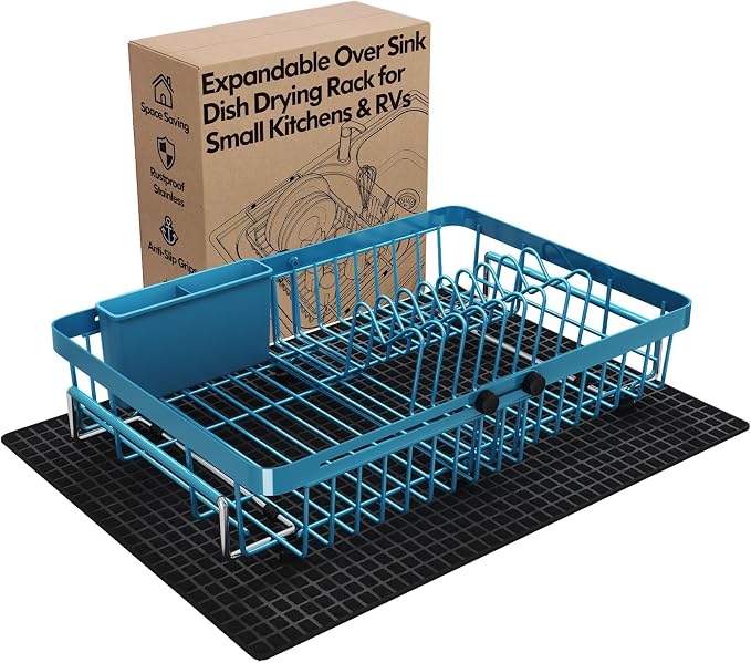 Blue Dish Drying Rack Over The Sink with Utensil Holder, Mat | Expandable Stainless Steel Dish Drainer for Small Kitchen, Apartment, RV, Counter Space Saving, Perfect Fit, Rustproof by MAJALiS