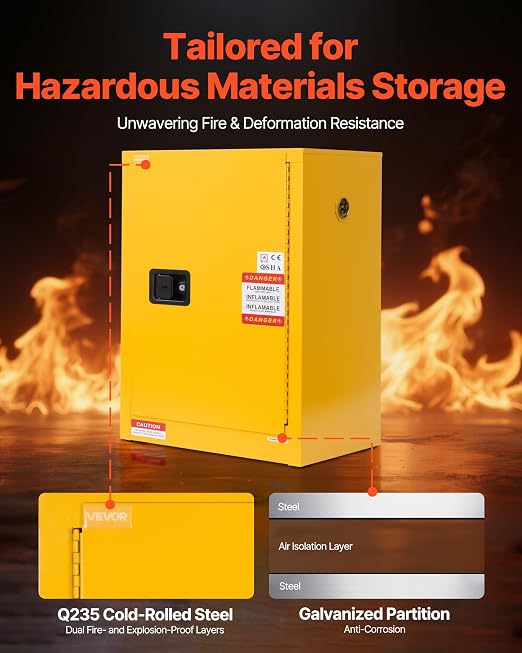 VEVOR Flammable Cabinet, 23.2 x 18.1 x 35.4 Inch, 13 Gallon Flammable Storage Cabinet with Adjustable Shelf, Cold-Rolled and Galvanized Steel Fire Cabinets, for Commercial Industrial Home Use, Yellow - Image 4