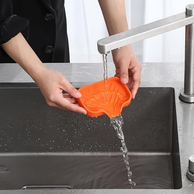 MicoYang Silicone Soap Dish with Drain Spout, Self-Draining Sink Organizer Tray for Bathroom and Kitchen, Sponges, Dispensers and Soap Holder, Non-Slip and Dishwasher Safe, Orange (Compact, 4.9"×3.2") - Image 9