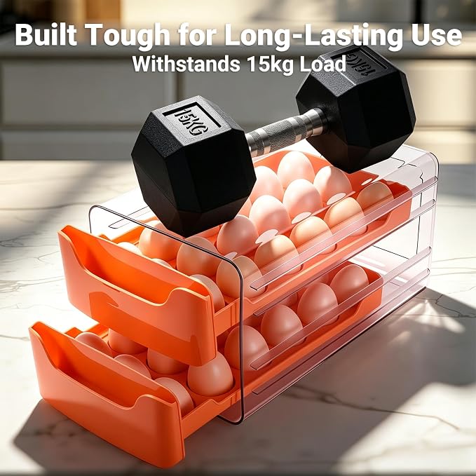 Egg-Holder for Fridge, Fits Small to Large Eggs, Orange | 36 Egg-Storage for Refrigerator Countertop, 2 Tier Dispenser with Drawer, Stackable Clear Egg Tray Container - Image 4
