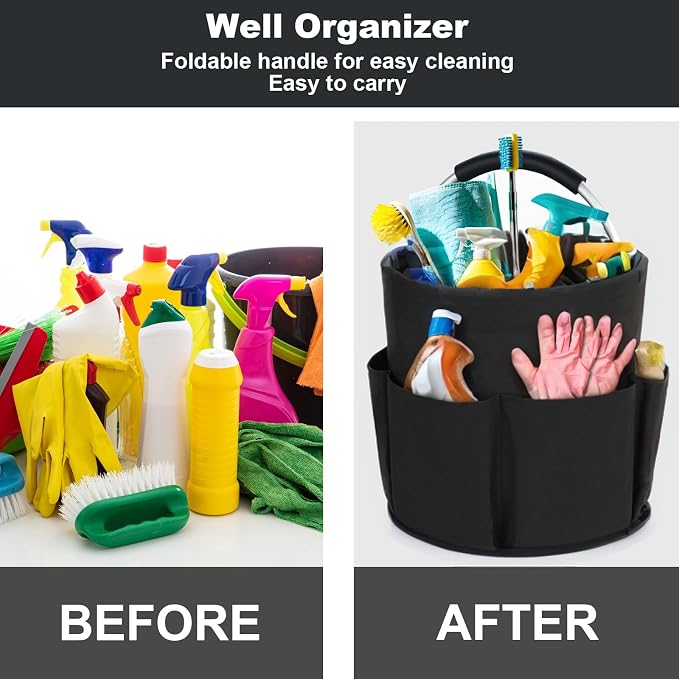 Cleaning Caddy with Handle, Cleaning Products Organiser, 17L Foldable Storage Basket, Cleaning Caddy Organiser, Portable Multi Cleaning Bucket Bag for Home, Garden (Black) - Image 2