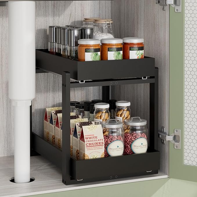 APRTAT 2 Pack Bamboo Under Sink Organizer, 2-Tier Pull Out Storage Drawers | Smooth pull-out drawers keep cleaners and tall bottles visible, organized and easy to reach in kitchen or bathroom cabinets by HEALTHYYOU