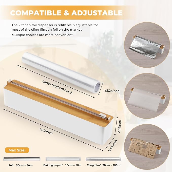 Magnetic Plastic Wrap Dispenser with Cutter - Quasziwa Upgrade Practical Refillable Cling Wrap Aluminum Tin Foil Organizer for Drawer, Include an Extra Roll of 12"X 164' Food Cling Film - Wood Grain - Image 6