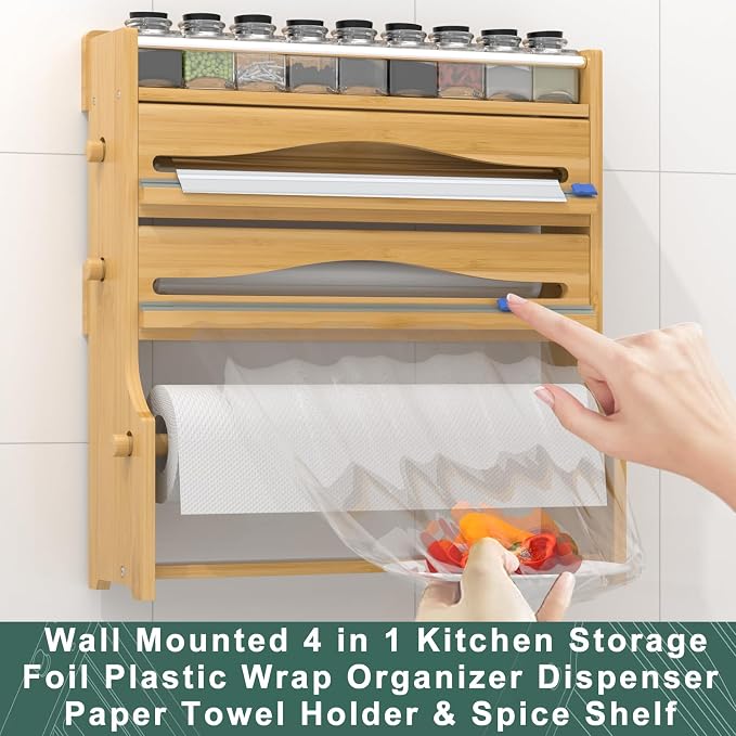 Foil Plastic Wrap Organizer Dispenser - Wall Mounted Bamboo Kitchen Paper Towel Holder with Spice Shelf,4 in 1 12" Roll Dispenser with Cutter - Image 2