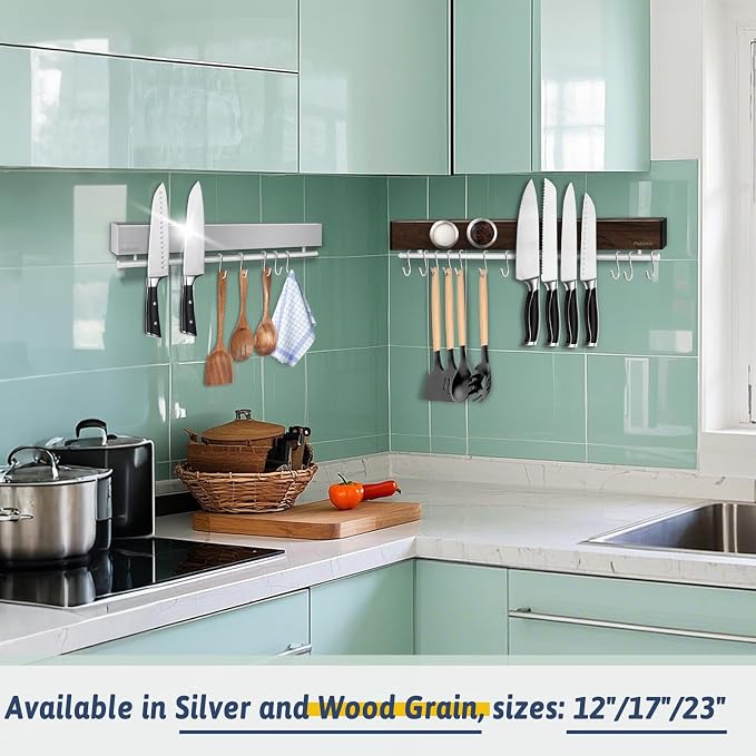 17 Inch Magnetic Knife Holder for Wall - Stainless Steel Knife Magnetic Strip No Drill with 10 Hooks/Adhesive Tape/Screws, Kitchen Utensil Holder, Magnetic Knife Organizer, Wall Mounted Knife Storage - Image 2