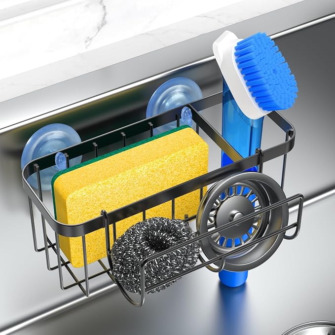3-in-1 Kitchen Sink Caddy Organizer with Sponge Holder, Brush Holder, Extra Rack for Scrubber, Sink Stopper, Dish Cloth Hanger - Strong Dual Suction Cup, 2.0mm SUS304 Stainless Steel - Black by HOKEMOM