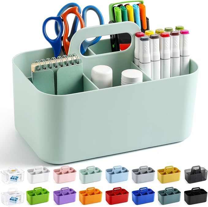 Multiuse Caddy Organizer with Handle, Portable Divided Plastic Tote Bin - Art Craft, Stationary Pen Marker Crayons, Makeup Hair Supplies Storage - Bathroom, Classroom, Dorm, Office, Desk Holder - Mint - Image 9