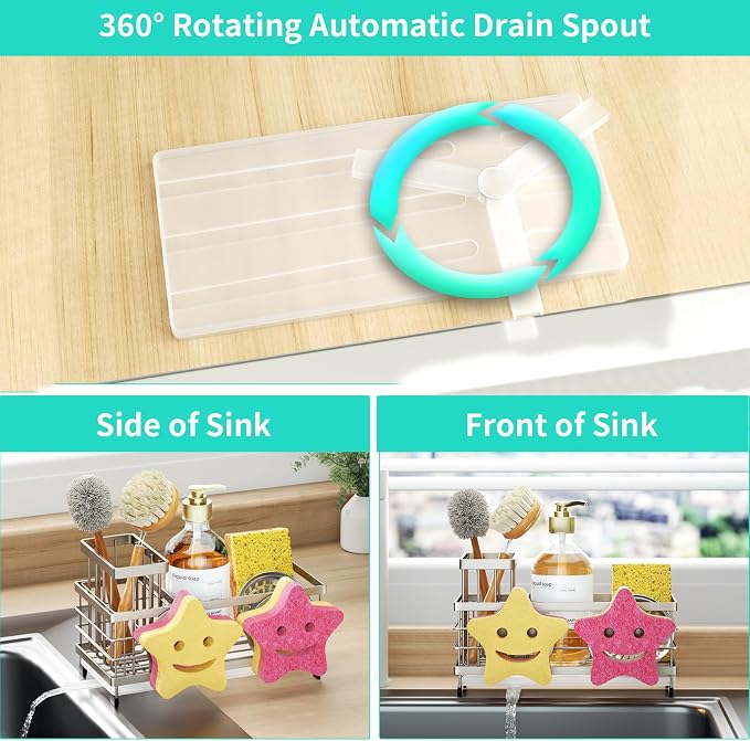 HapiRm Sink Caddy Sponge Holder - Self-draining Kitchen Sink Organizer with Smiley Face and Brush Holder, Stainless Steel Kitchen Sponge Caddy for Countertop - Brushed Nickel - Image 3
